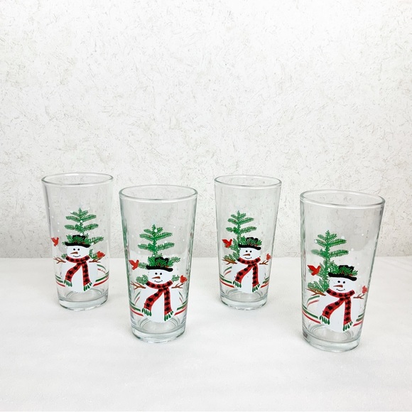 Vintage KIG Indonesia 4 Tumbler Glasses Snowman Cardinal Tree Winter Christmas - Picture 1 of 7